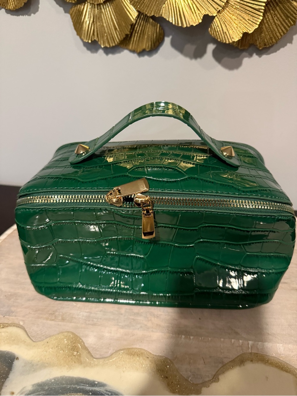 Green Croc-Embossed Top-Handle Cosmetic Case
